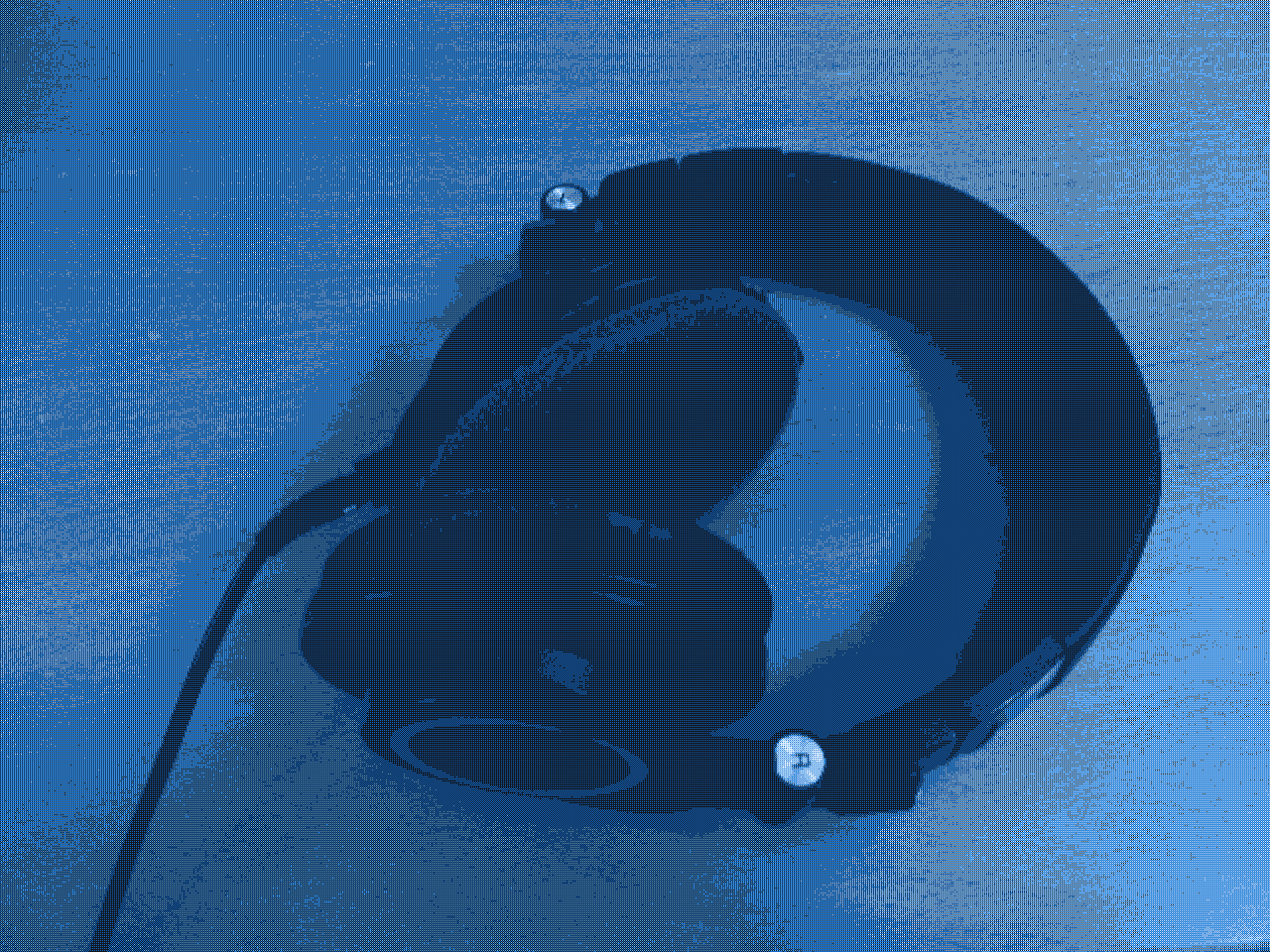 A blue-dithered image of my faithful hearphones. Sadly had to retire them in 2022 after a very heavy use period where I fucked up one of the 